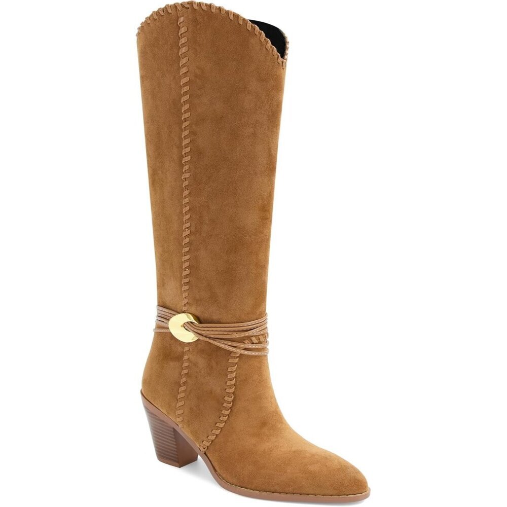 Women's Brown Suede Cowboy Pointed Toe Knee High Chunky Stylish Comfortable Heel - Picture 6 of 7